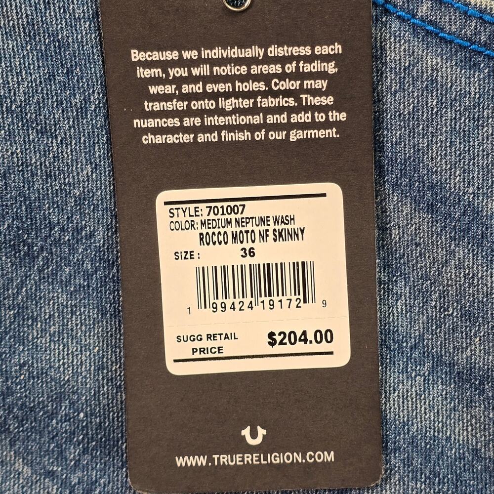 True Religion Rocco Relaxed Skinny Jeans 36x32 (38x32) Blue Medium Wash Moto - Picture 5 of 10